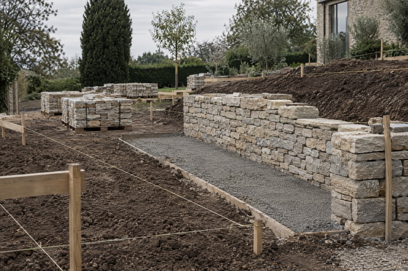 A garden under construction: setting-out lines, batter boards and a half-built dry-laid stone retaining wall.