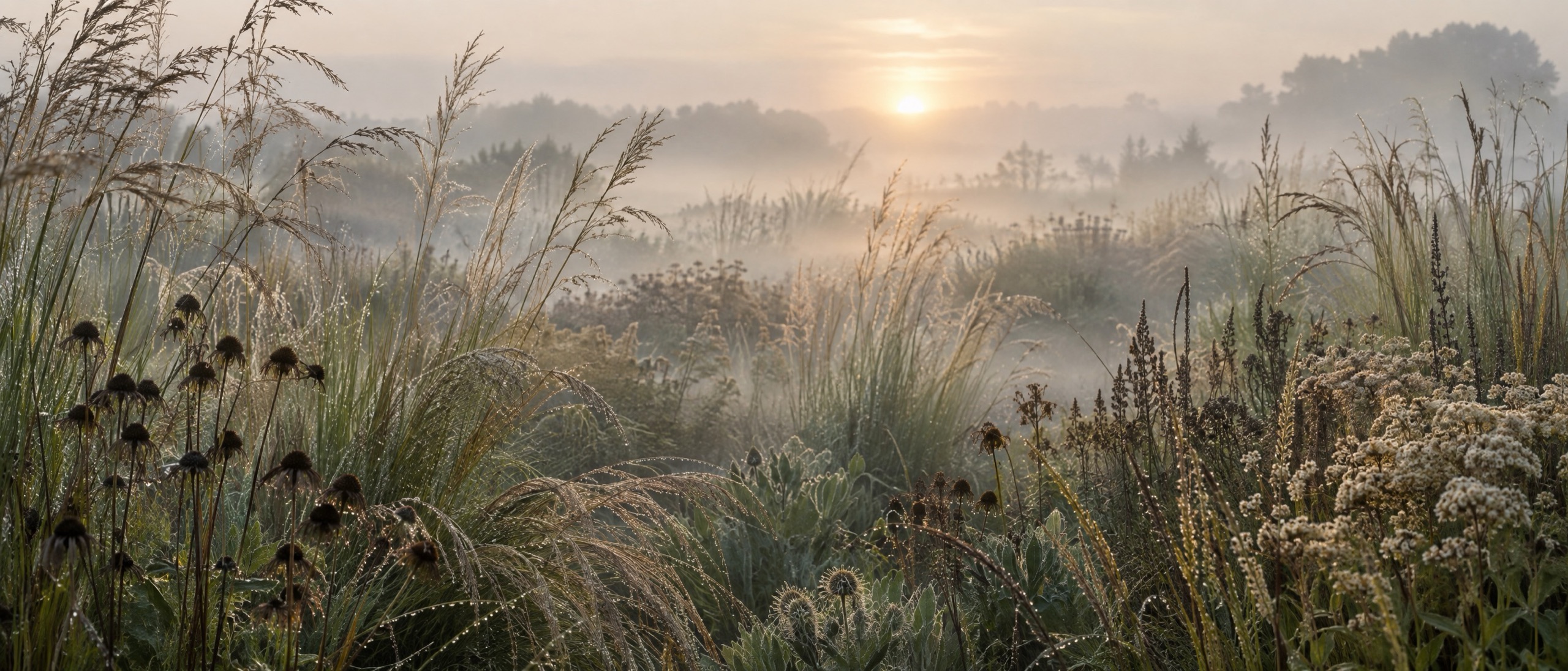 Tall ornamental grasses and perennial seedheads at dawn, backlit through low ground mist.