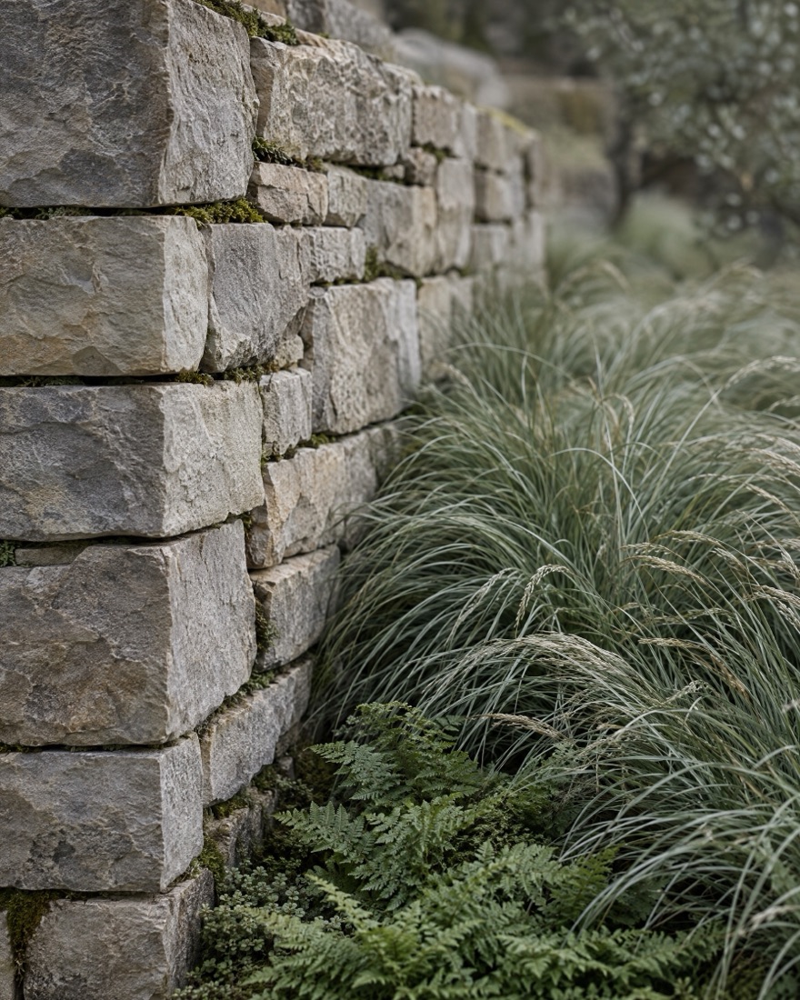 Dry-laid limestone wall meeting silver-green ornamental grasses.