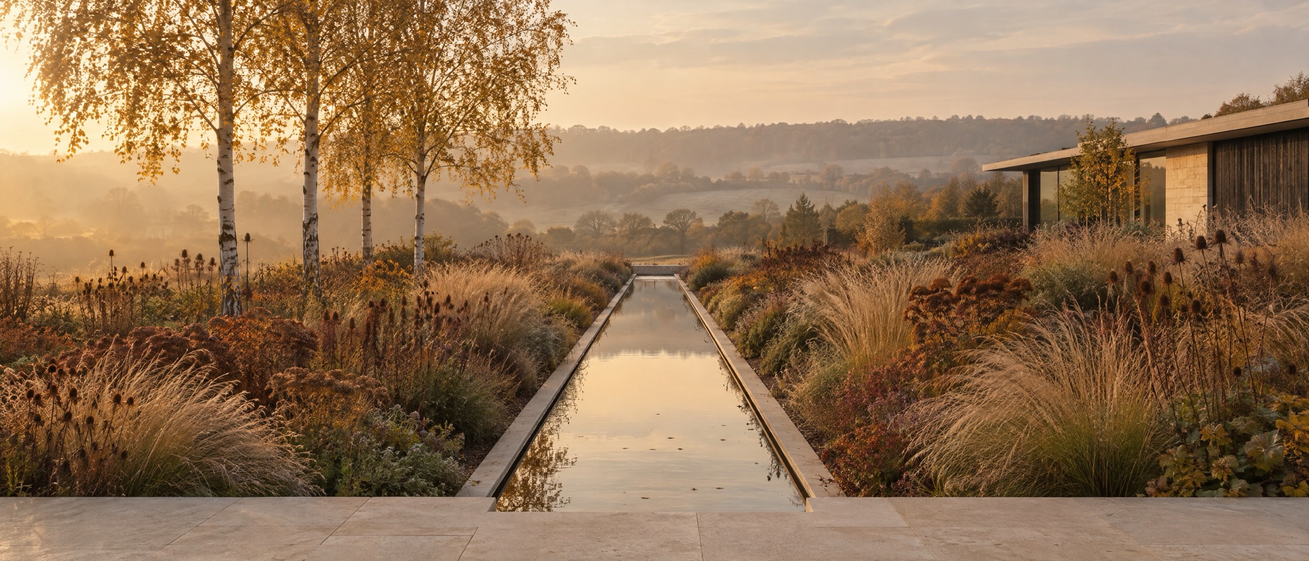 The same garden in late autumn: bronze seedheads and tawny grasses in low golden light.