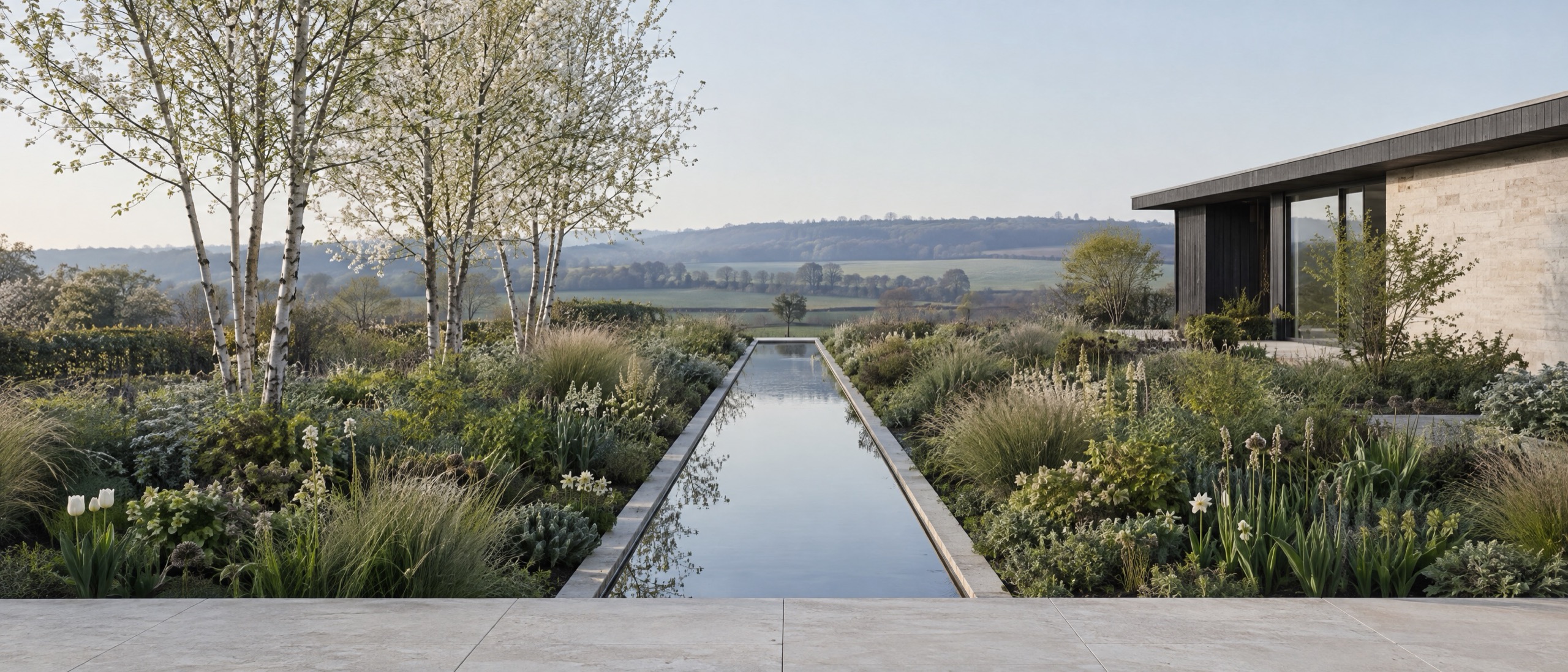 A contemporary country garden in early spring: a still reflecting rill runs between beds of emerging perennials toward a low stone house.