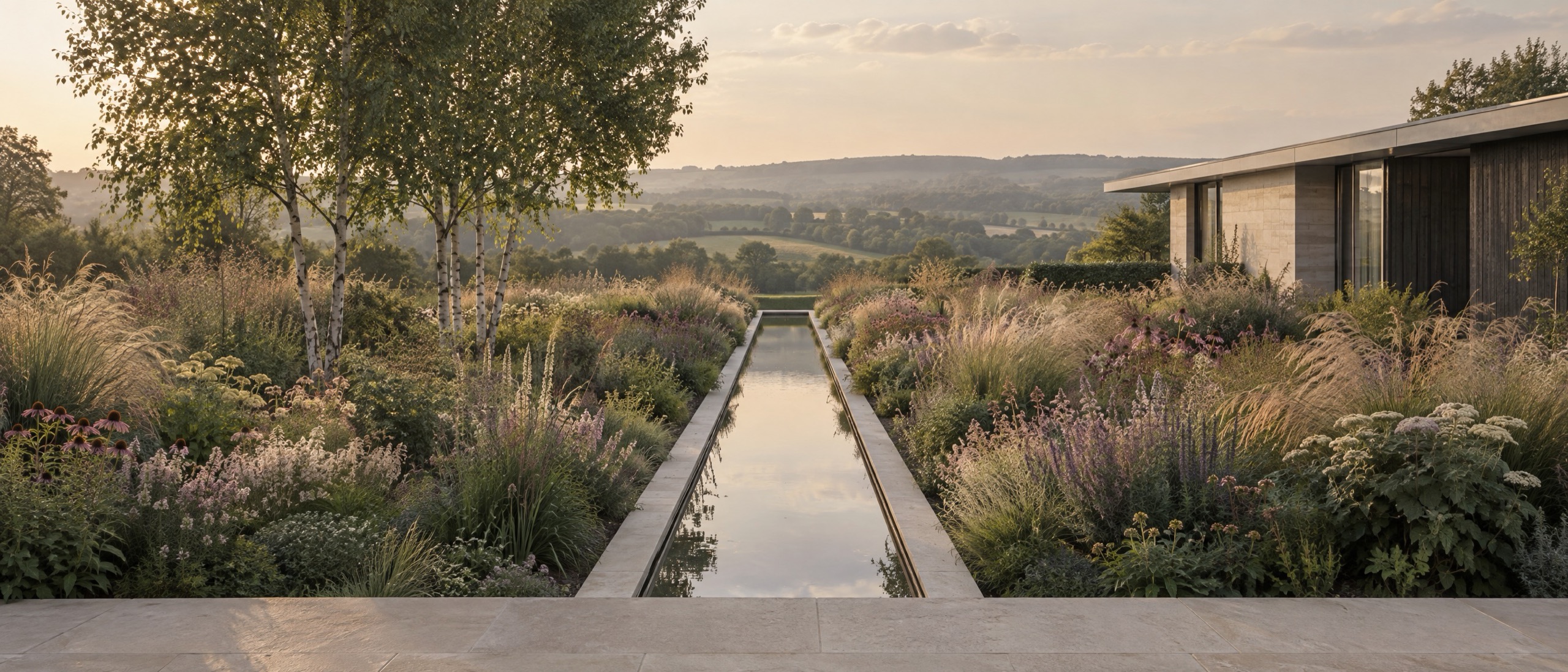 The same garden in high summer: the rill flanked by billowing perennials and grasses in flower.