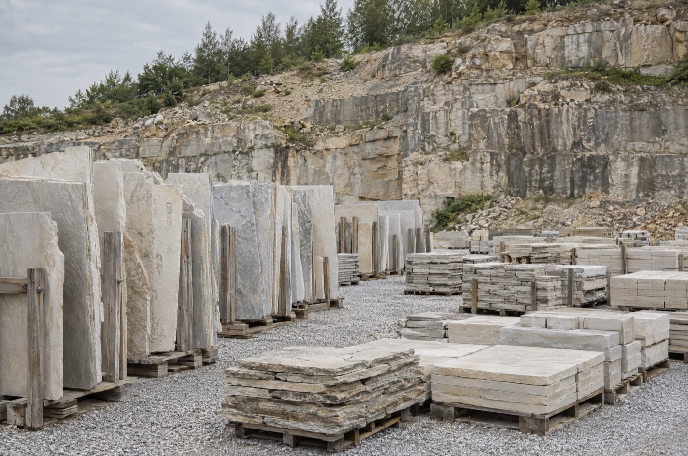 A regional stone yard with stacked pallets of pale sawn limestone against a quarry face.