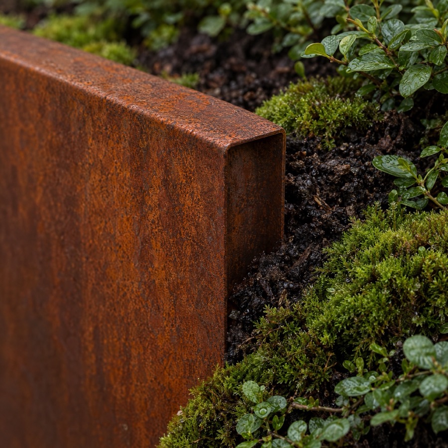 Weathered Corten steel garden edge meeting moss and dark soil.