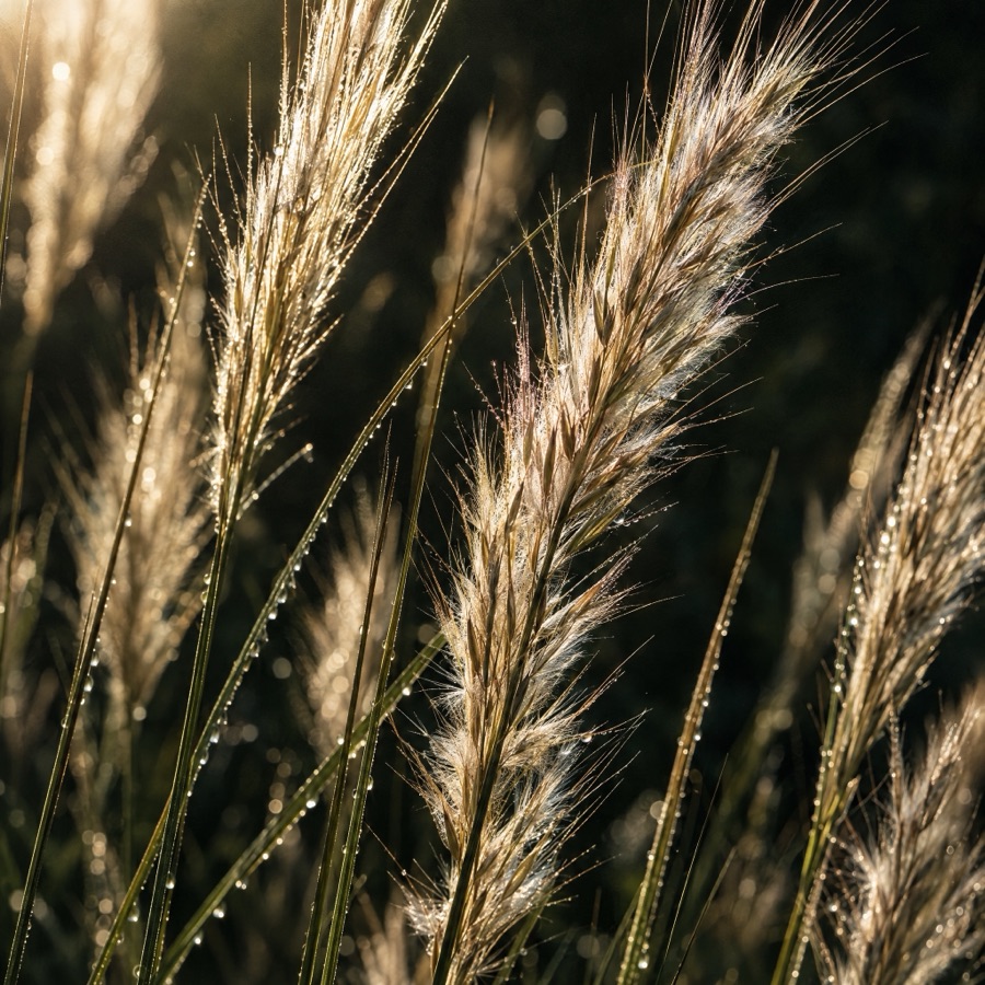 Ornamental grass seedheads backlit by low sun against deep shadow.