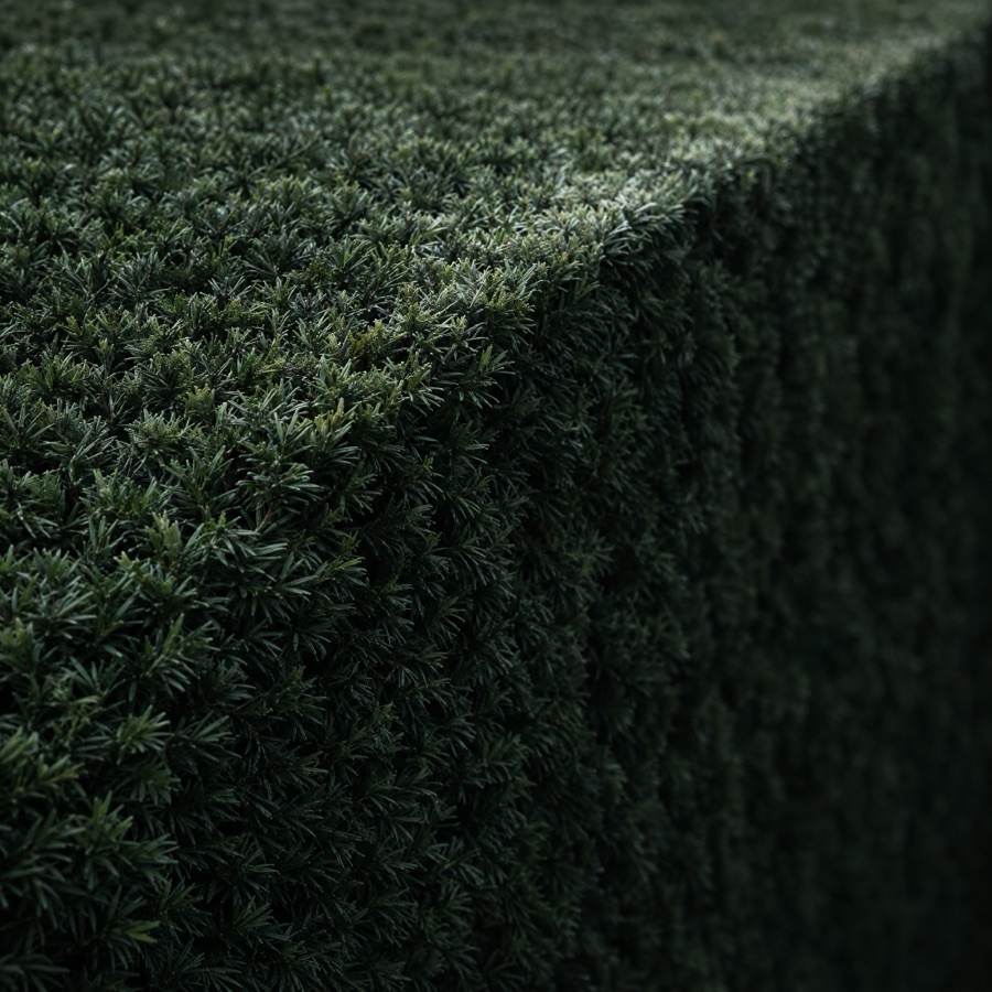 The dense clipped surface and crisp edge of a mature yew hedge.
