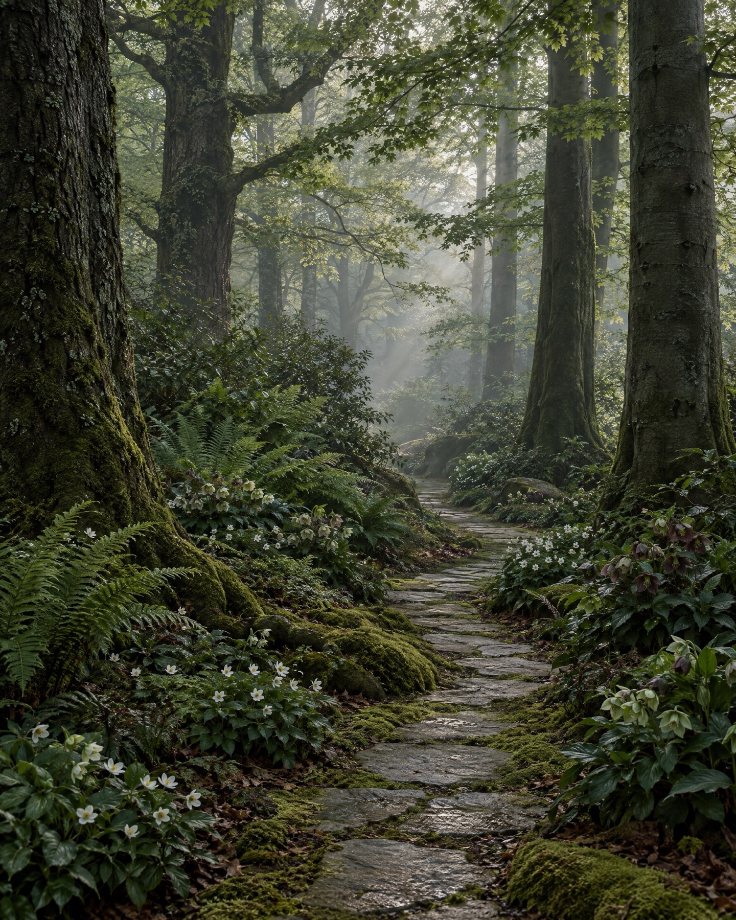 A woodland garden with a riven stone path curving between mature oaks, ferns and hellebores.