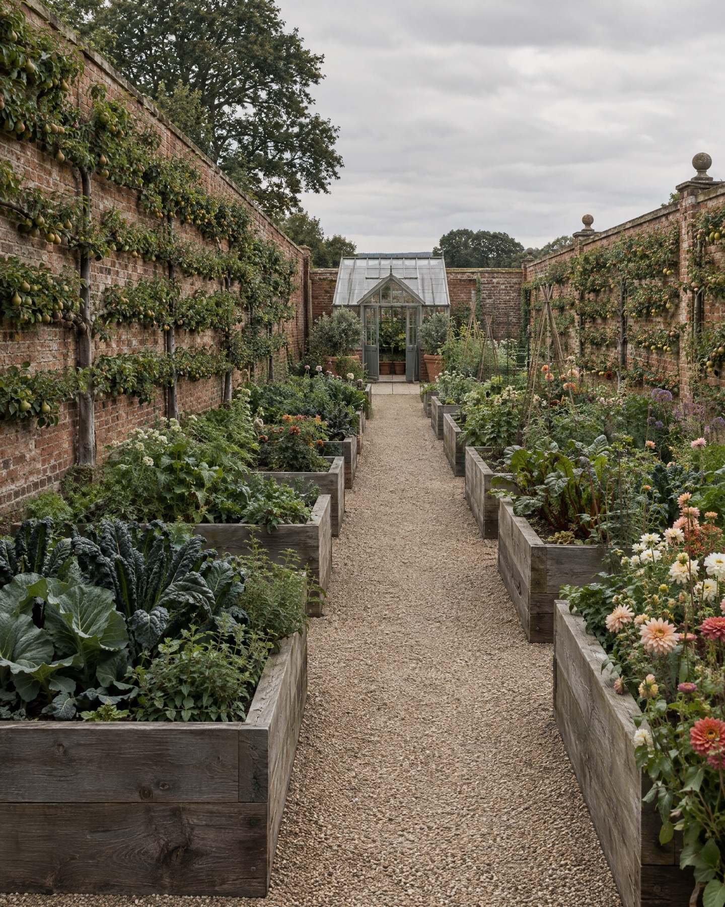 A restored walled kitchen garden with espaliered fruit trees, oak raised beds and a glasshouse.
